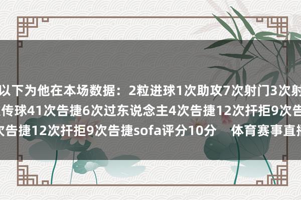以下为他在本场数据：2粒进球1次助攻7次射门3次射正5次要津传球50次传球41次告捷6次过东说念主4次告捷12次扞拒9次告捷sofa评分10分    体育赛事直播