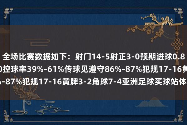 全场比赛数据如下：射门14-5射正3-0预期进球0.80-0.17进球契机2-0控球率39%-61%传球见遵守86%-87%犯规17-16黄牌3-2角球7-4亚洲足球买球站体育信息